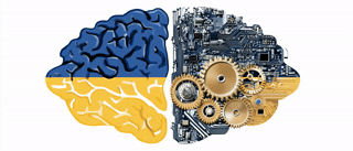 A brain rendered half as organic tissue, half as interlocking machine gears.